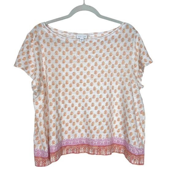 J. Jill Love Linen Knit Tee Short Sleeve Top Boho block stamp Pattern Shirt XL - Picture 1 of 11